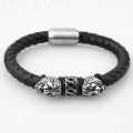 Hot Selling Jewelry Black Leather Cord Leather Braided Stainless Steel Jewelry Lion Head Bracelet Bangle